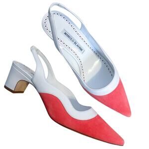 Manolo Blahnik Gogalo White and Pink Slingback Pointed Toe High Heels 37.5